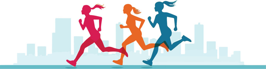 Vector illustration featuring three silhouettes of women running, each in a different color