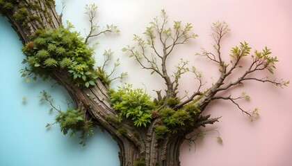 Tree Bark and Moss Composition on Soft Pastel Nature-Inspired Background