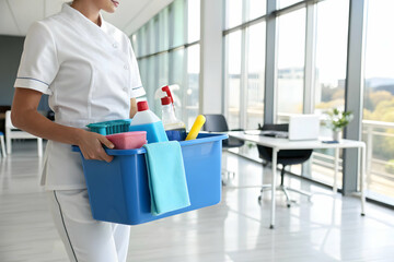 Clean Workplace: A diligent cleaning person, bathed in natural light, carries a basket filled with cleaning supplies, poised to maintain a pristine office environment.