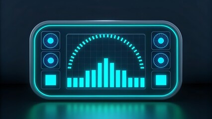 Glowing blue equalizer display with circular gauges