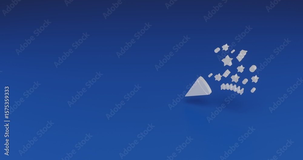 Poster isolated realistic white exploding party popper with shadow. located on the right side of the scene.