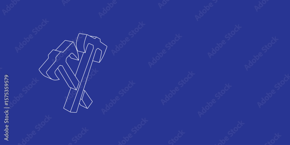 Poster the outline of a large crossed axes symbol made of white lines on the left. 3d view of the object in