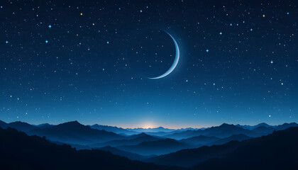 Serene Night Landscape Digital Illustration with Crescent Moon and Silhouetted Mountains