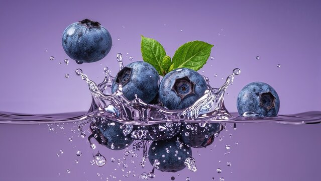 Ripe blueberries and fresh green leaves dramatically splash into crystal clear water on a vibrant purple background