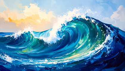 Ocean Wave Sunrise Seascape Painting.