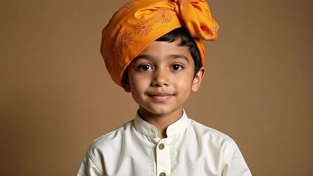 A confident Maharashtrian boy wearing a traditional kurta and pheta hat gazes directly at the camera in stunning 4k detail, showcasing Indian heritage.