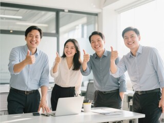 team celebrating with thumbs up in bright modern office