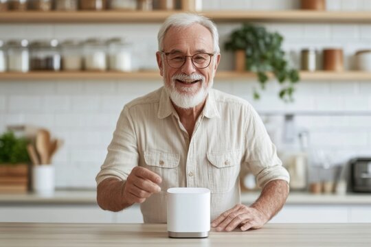 Senior man using smart speaker in kitchen: enjoying modern technology