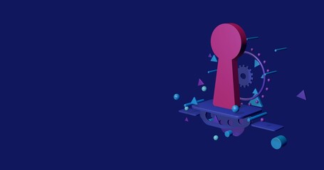 Pink keyhole symbol on a pedestal of abstract geometric shapes floating in the air. Abstract concept art with flying shapes on the right. 3d illustration on indigo background