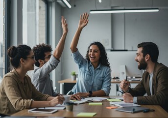 team celebrating with thumbs up in bright modern office