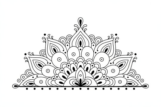 Intricate black and white mandala design with symmetrical floral petals and decorative elements