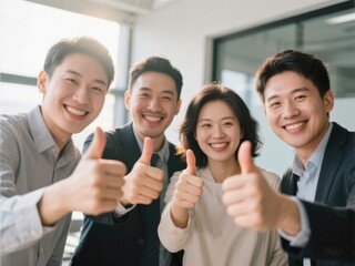 team celebrating with thumbs up in bright modern office