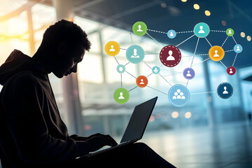 Digital Network: A person silhouetted against a modern backdrop, engrossed in their laptop, with a vibrant digital network concept radiating outward.