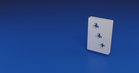 Isolated realistic white Three of Clubs playing card with shadow. Located on the right side of the scene. 3d illustration on transparent background