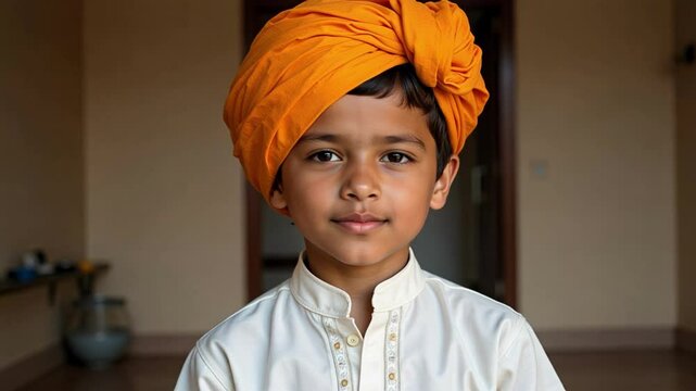 A confident Maharashtrian boy in traditional kurta and pheta gazes directly at the camera in this stunning 4k footage showcasing cultural pride.