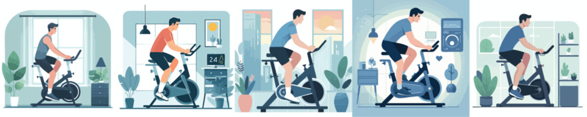 Flat Vector Illustration of Men Exercising on Stationary Bikes Indoors – Home Fitness Training