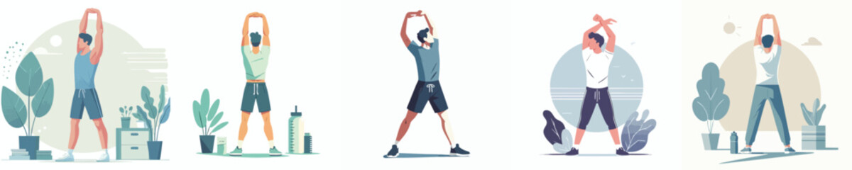 Flat Vector Illustration of Men Doing Upper Body Stretch Exercises – Morning Warm-Up Routine