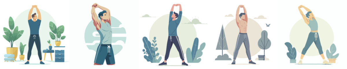Flat Vector Set of Men Stretching Arms and Upper Body – Fitness Warm-Up Exercises