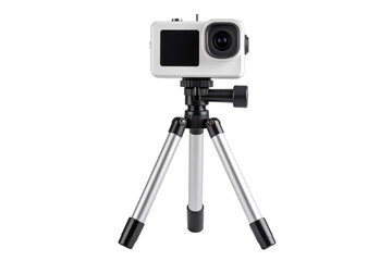 Floating Action Camera on Mini Tripod with Shadow Below, Clean Tech Display Style, Isolated on Transparent Background