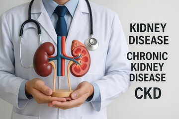 Doctor in white coat holding anatomical kidney model with labeled arteries and text about chronic kidney disease. Medical education and kidney health awareness concept