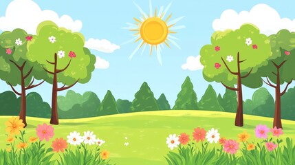 Fototapeta premium Colorful spring landscape with trees and flowers