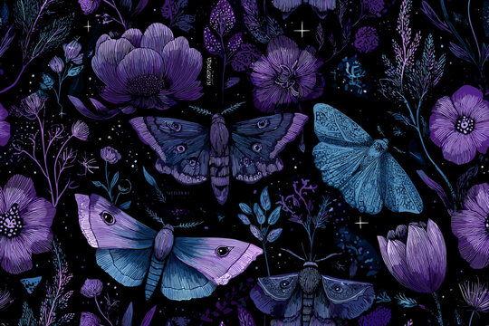 Seamless Mystical Night Garden Pattern with Moths, Witchy Flowers & Glowing Botanical Elements &ndash; Dark Moody Floral Design for Sublimation, POD & Digital Print 
