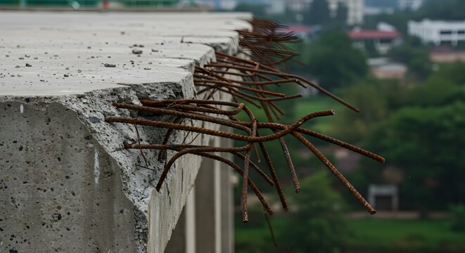 Concrete structure with exposed rebar and corrosion showing building construction failure issue 100