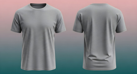 Front and back view of a plain gray t-shirt, isolated on gradient background.
