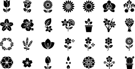 Collection of diverse black floral icons and silhouettes representing various flowers plants and botanical elements on a white background