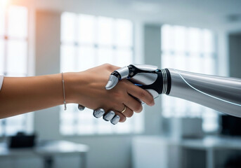 A human hand shakes a sophisticated robot hand, epresenting themes of technological partnership