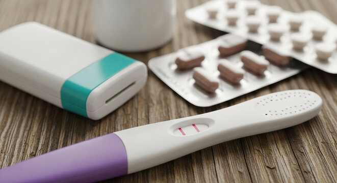 Early pregnancy test with hormonal pills and digital reader on desk
