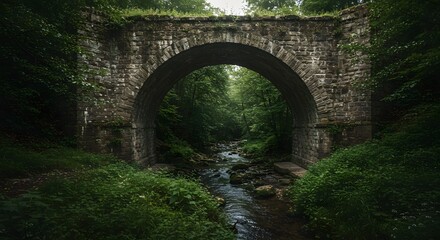 Fototapeta premium Ancient stone arch bridge over river in lush forest landscape photography for travel and tourism 100