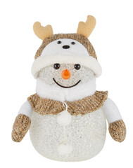Christmas snowman with deer antlers wool hat cut out isolated transparent background