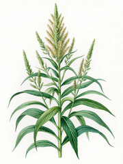 Fototapeta premium Detailed watercolor illustration of a tall green plant with feathery seed heads and long leaves botanical