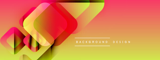 Abstract geometric shapes overlap, creating vibrant gradient effect. Yellow, orange, pink hues dominate design. Modern, dynamic composition.