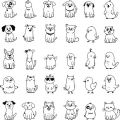 Whimsical Animal Icon Poster Featuring 30 Cute Silhouettes in a 5&times;6 Grid Includes Playful Faces of Cats, Dogs, Birds, and Fantasy Creatures &mdash; Each with Unique Expressions and Distinct Features 