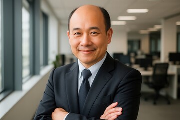 Confident Asian businessman in formal suit standing with arms crossed in modern office. Professional portrait concept focused on leadership, corporate career, and business success