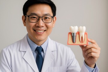 Smiling male dentist in white coat holding tooth implant model showing natural and artificial teeth. Dental care, prosthetics, and oral health education concept