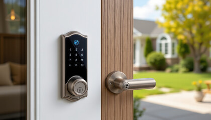 Smart door lock with keypad modern design home security keyless entry residential door exterior view technology convenience safety outdoor setting contemporary style user friendly secure access
