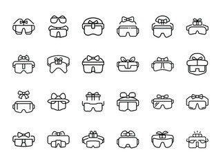 Virtual Reality Gift Icon Set – Silhouette Style VR Headsets with Gift Elements, Bows, and Presents on White Background for Tech, Gaming, and Celebration Themes