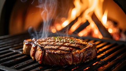 Juicy Steak Sizzling on the Grill with Flames and Smoke Delicious Meal Preparation
