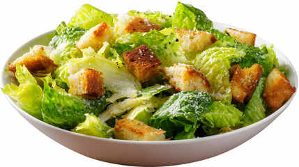 Crunchy Caesar Salad in White Bowl. Fresh romaine lettuce tossed with golden croutons, grated cheese, and Caesar dressing served in a white bowl. Perfect for healthy food promotions and menu designs.