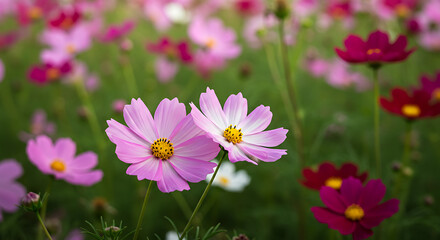 Vibrant Pink Cosmos Flowers in a Blooming Field