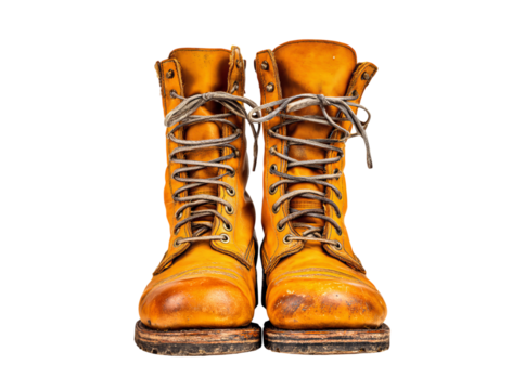 Worn yellow leather boots vintage work boots classic footwear, On Transparent Background, Png