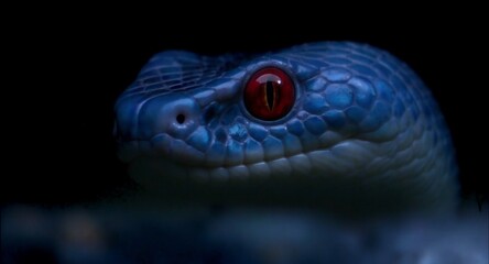 Fototapeta premium Striking Blue Snake Portrait with Glowing Red Eye.