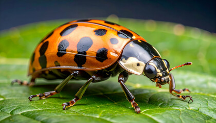 Fototapeta premium Orange Ladybug on Green Leaf.