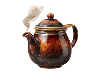 Steaming brown ceramic teapot isolated on black background, On Transparent Background, Png