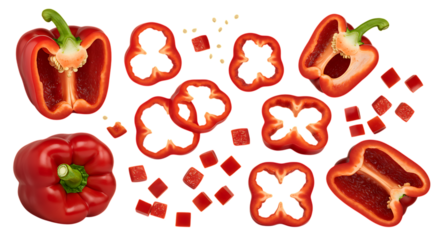 Closeup of juicy red bell pepper slices Set red bell pepper sweet and cut in half, slices cubes isolated on a transparent background. 