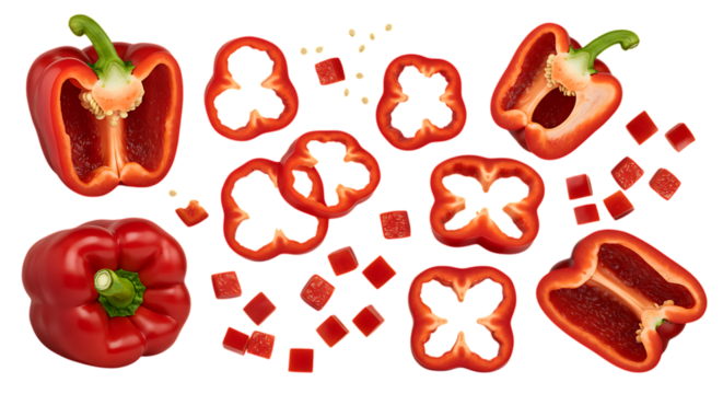 Closeup of juicy red bell pepper slices Set red bell pepper sweet and cut in half, slices cubes isolated on a transparent background. 