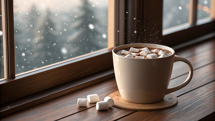 A steaming mug of hot chocolate with marshmallows sits on a wooden windowsill during a snowfall